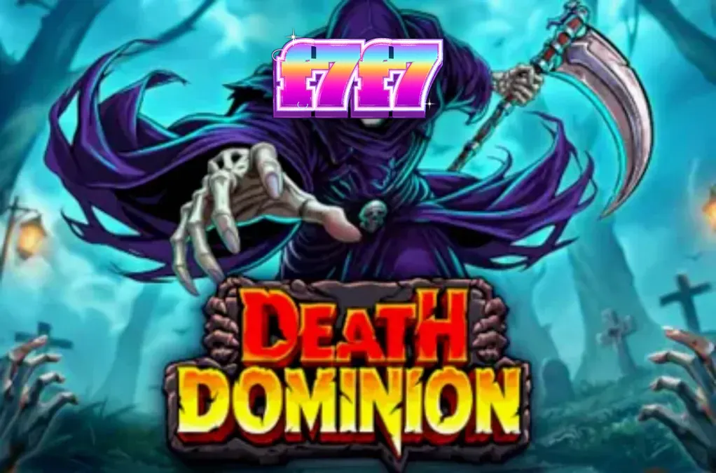 Tampilan visual slot Death Dominion dengan latar belakang pemakaman berkabut dan simbol-simbol bertema horor.